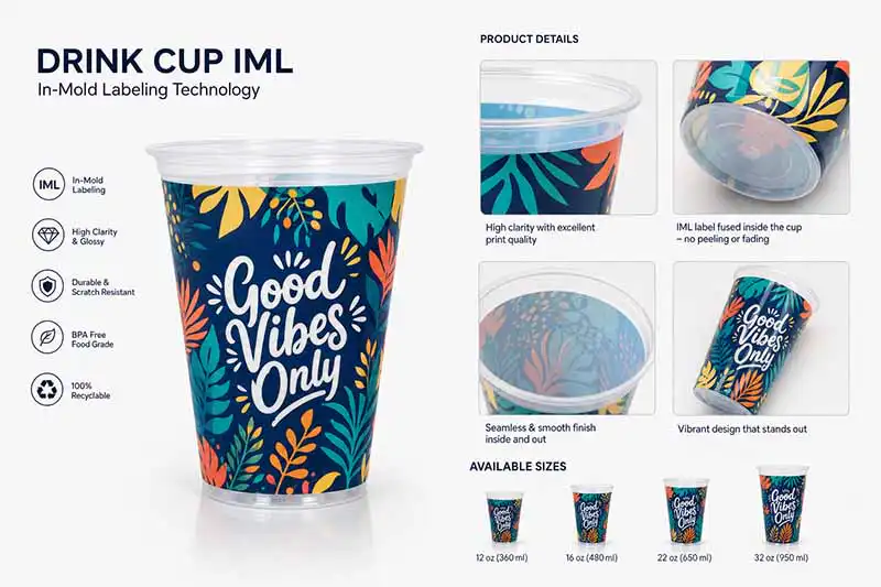 Clear plastic cup with tropical leaf print and “Good Vibes Only” text